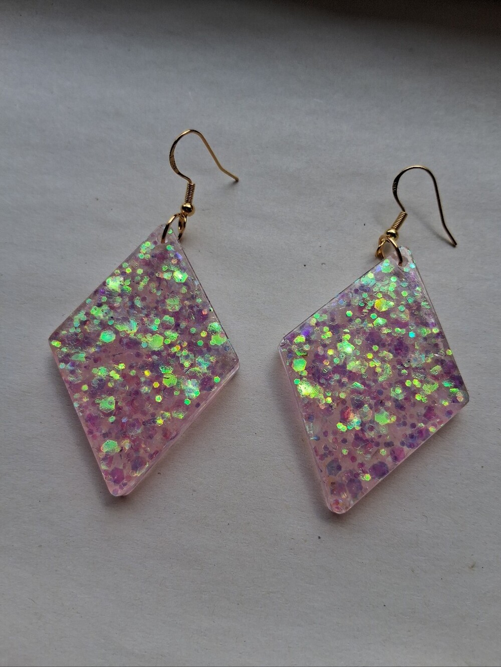 Hand Crafted Pink Iridescent Glitter Diamond Drop Earrings